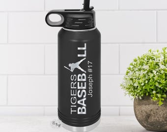 Engraved Water Bottle, Etched Water Bottle With Straw 4 SIZES, Baseball Bottles For Team, Stainless Steel Water Bottle, Custom Sports Bottle