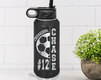 Soccer Water Bottle, Engraved Water Bottle With Straw, 4 SIZES, Soccer Bottle, Stainless Steel Bottle, Custom Sports Bottle, Soccer Team