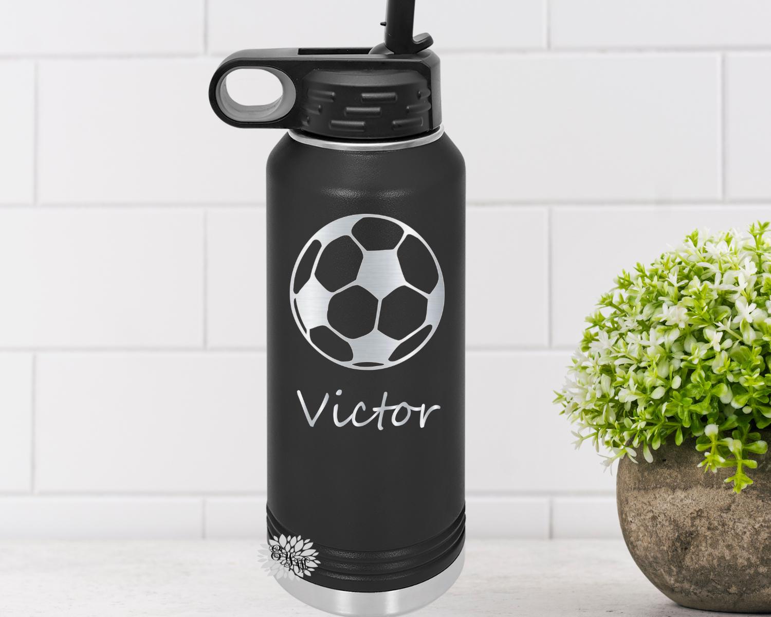 Engraved Water Bottle, Etched Water Bottle With Straw, 4 SIZES, Soccer Bottle, Stainless Steel Water Bottle, Custom Sports Bottle