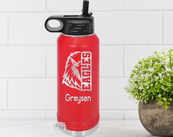 Engraved Water Bottle, Personalized Eagles Mascot Etched Water Bottle With Straw, 4 SIZES Stainless Steel Water Bottle, Sports Bottle