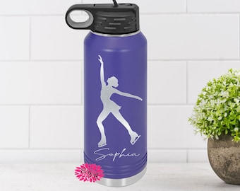 Engraved Water Bottle, Personalized Etched Water Bottle With Straw, Stainless Steel Bottle, Ice Skating Stainless Steel Sport Bottle