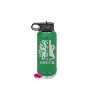 May include: Green stainless steel water bottle with a black lid and handle. The bottle has a white graphic of a cheerleader's pom pom and a megaphone with the text "Panthers" and "Brandilyn".