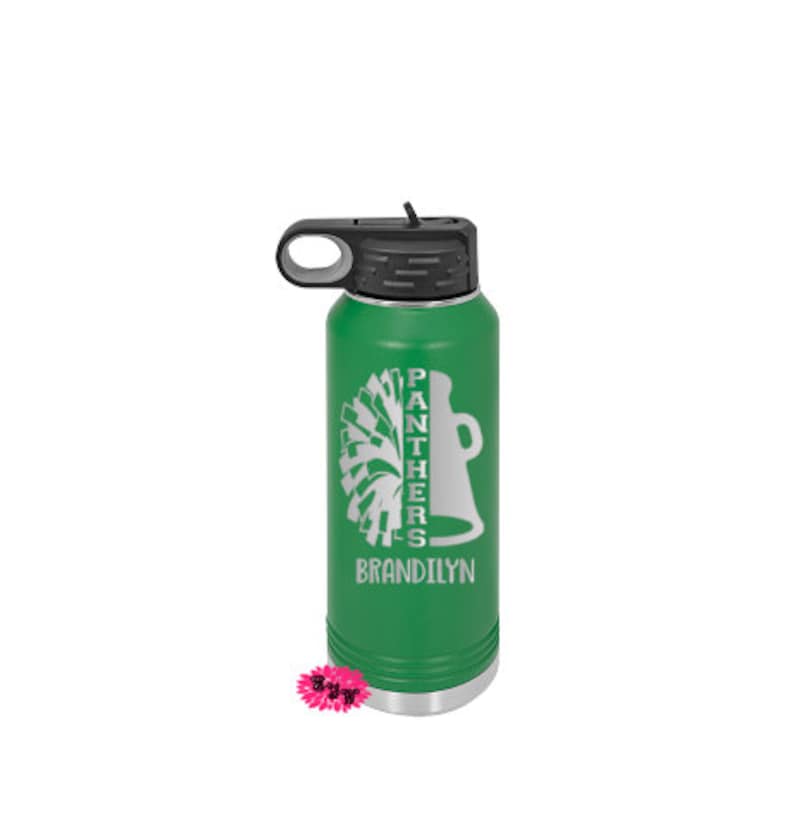 May include: Green stainless steel water bottle with a black lid and handle. The bottle has a white graphic of a cheerleader's pom pom and a megaphone with the text "Panthers" and "Brandilyn".