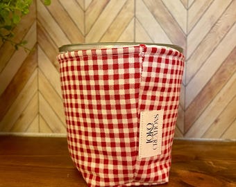 Red Gingham Cherry Weck Jar Cozy: Quilted Insulated Sleeve