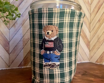 Embroidered bear green Gingham Weck Jar Cozy: Quilted Insulated Drink Sleeve