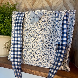 Blue floral with gingham lining /tote/purse/weekender bag/cotton quilted/clasp closure