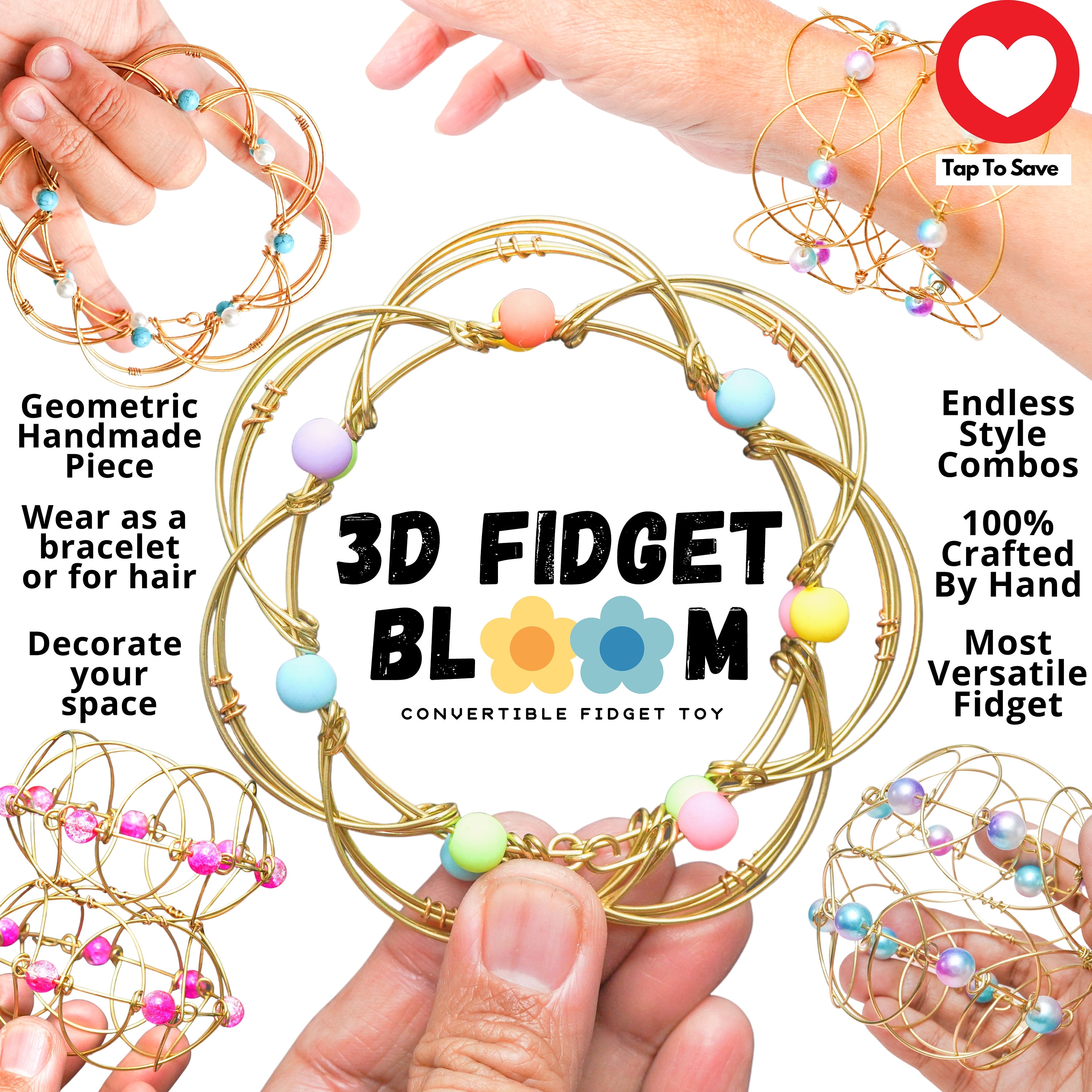 Sensory Fidget Bracelet. Sliding Glow in the Dark Pink Star, Hematite Evil  Eye Spinner, Rubber, Glass, Freshwater Pearl, Rose Quartz Beads. 