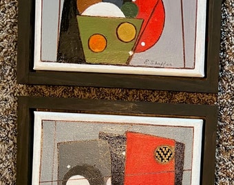 Two (2) Original Artwork by Evelyn C. Sheffer – Mixed Media Acrylic Collage Canvas 12'" square