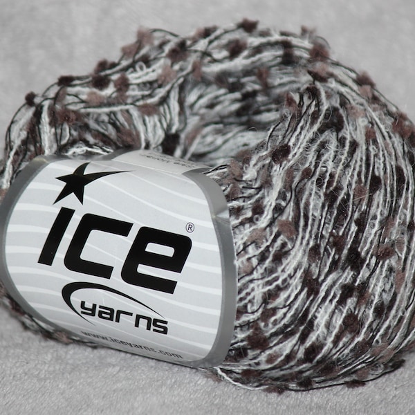 Brown boucle winter yarn from Ice Yarns, lot number 61749, mohair, wool, acrylic and polyamide blend