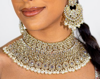 Antique Gold Indian Bridal Jewelry Set: Jhumka Earrings, Tika & Necklace