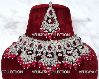 Roodzilveren polki choker ketting, Jhumka Tikka, Indiase sieraden, Pakistaanse huwelijkssieraden, mintroze bruidsketting set, feestkleding sieraden