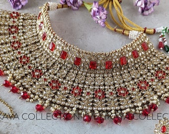 Ruby Choker Necklace Earrings Tikka Antique Indian Pakistani Wedding Jewelry