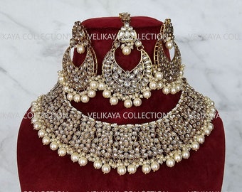 Gargantilha Kundan branca com brincos e tikka/ Conjunto de colar choker indiano/ Joias paquistanesas/ Joias indianas rosa/ Conjunto de colar Kundan com pérolas