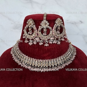 Pink Polki Choker Chaandbali Earrings & Tikka | Antique Gold Choker | Indian Choker Necklace | Pakistani jewelry | Indian jewelry