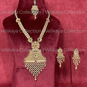 Long Indian Necklace | Temple Jewelry | South Indian jewelry | Gold plated Necklace earrings tikka | Maang Tikka | Indian Wedding Jewelry