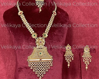 Long Indian Necklace | Temple Jewelry | South Indian jewelry | Gold plated Necklace earrings tikka | Maang Tikka | Indian Wedding Jewelry
