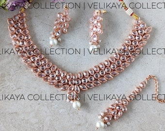 Rose Gold Wedding Necklace & Earrings / Indian Jewelry / Pakistani jewelry / Indian Bridesmaid Jewelry / Maang Tikka / Party wear Bollywood