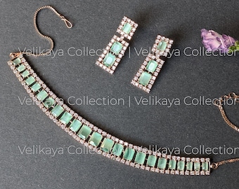 Mint CZ Choker Necklace / Wedding Necklace and earrings / CZ necklace set / Bollywood Jewelry / Crystal Necklace / American Diamond Set