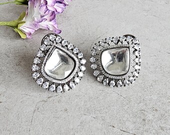 Kundan Stud Earrings: Black Plated Indian Bollywood Jewelry