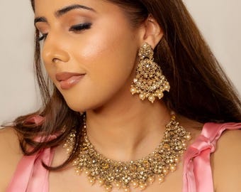 Set Di Gioielli Indiani Placcati Oro - Collana Choker E Orecchini Per Sposa O Cerimonie