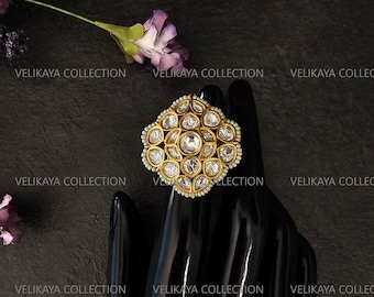Adjustable Kundan Ring / Gold plated ring/ Indian jewelry/ Pakistani jewelry/ Bollywood jewelry/ Ethnic party wear ring/ Clear Polki Ring