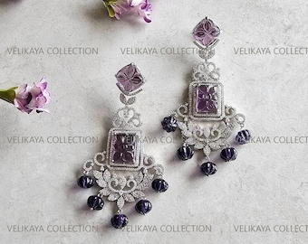 Purple CZ Earrings Victorian Jewelry AD Indian Earrings Victorian Earrings Rhodium Silver Earrings Statement Earrings Chandelier Earrings