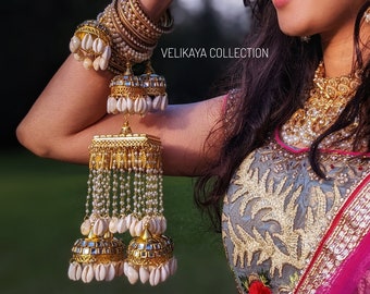 White Kaleera with Kada / Kundan Jadau kaleere / Indian Kaleere / Pearl and Mirror Kaleere / Punjabi Kaleera / Indian Bridal Jewelry