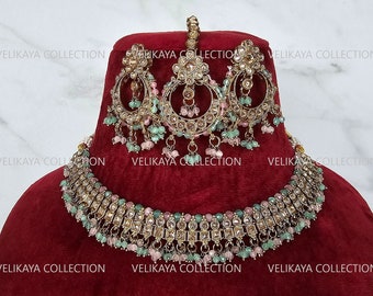 Mint Polki Choker Chaandbali Earrings & Tikka | Antique Gold Choker | Indian Choker Necklace Set | Pakistani jewelry Set | Indian jewelry
