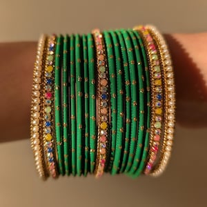 Green Bangles Set Size 2.4, 2.6 & 2.8 Metal Stone Bangles Indian Bangles Bracelet Punjabi Jewelry Pakistani Jewelry Bridal Wedding Bangles