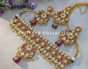 Red Kundan Choker Earrings Tikka/ Indian Jewelry/ Kundan Meenakari Necklace set/ Bollywood jewelry/ Pakistani jewelry/ Wedding jewelry