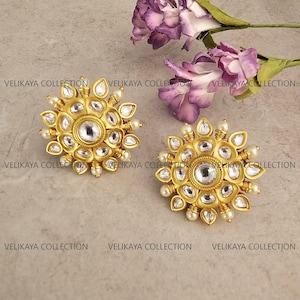 Kundan Earrings Studs Gold Polki Earrings Pearl Polki Diamond Earrings Uncut Polki Stud Moissanite Polki Kundan Earrings Sabyasachi Jewelry