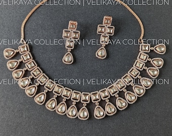 Bella Uncut Kundan & American Diamond Necklace Set, Indian wedding jewelry, Bollywood Jewelry, Party wear necklace set, Pakistani Jewelry