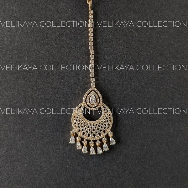 Rose Gold Maang Tikka / American Diamond Tikka / Indian Jewelry / CZ Tikka / Pakistani Jewelry / Bridal Hair Accessory / Party Wear Jewelry