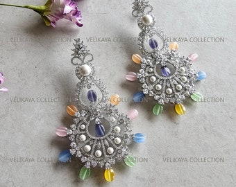 Silver CZ Diamond Chaandbali Pakistani Jewelry Bollywood Earrings Rainbow Chandbali Indian Earrings Punjabi Jewelry Chandelier Long Earrings