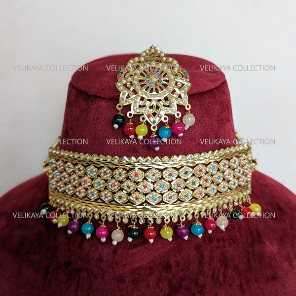 Preet Punjabi Jadau Choker Necklace Earrings Tikka, Pippal Patti Jewellery, Hyderabadi Jadau Jewelry, Indian Pakistani wedding jewellery