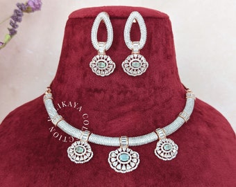 Party Wear Rose Gold Necklace Earrings / American Diamond necklace set / Crystal wedding jewelry / Bollywood Jewelry/ Indian wedding jewelry