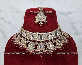 Maroon Kundan Necklace Jhumka Tikka / Indian Choker Necklace Set / Pakistani Jewelry / Indian Jewelry / Indian Wedding Party Wear Jewelry