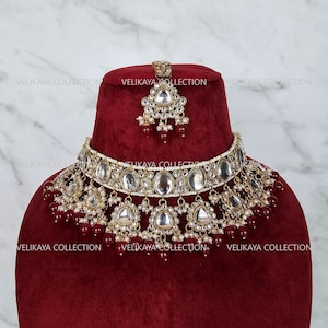 Maroon Kundan Necklace Jhumka Tikka / Indian Choker Necklace Set / Pakistani Jewelry / Indian Jewelry / Indian Wedding Party Wear Jewelry