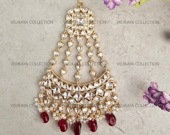 Red Bridal Pasa Gold Plated Bridal jhumar Side Tikka Indian wedding Jewelry  Sabyasachi jewelry Pakistani wedding Jewelry Tyani Kundan
