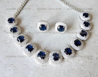 Sapphire Blue CZ Diamond Necklace Set: Square Halo Choker