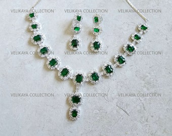 Emerald Green Necklace Earrings CZ Diamond Necklace Statement Victorian Necklace Pakistani Jewelry Indian Wedding Jewelry Bollywood Jewelry