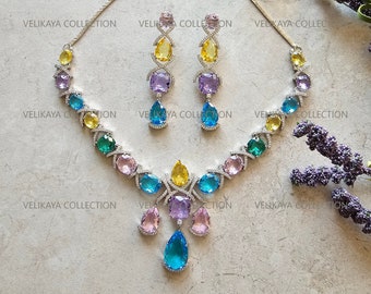 Blue Crystal Necklace CZ Diamond Necklace Statement Necklace and Earrings Pakistani Jewelry Indian Wedding Jewelry Bollywood Jewelry