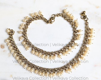 Tobilleras Payal de perlas Polki color champán - Joyería india y pakistaní