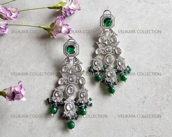 Silver Polki Chandelier Earrings: Emerald Green CZ Indian Jewelry, Pakistani Jewelry