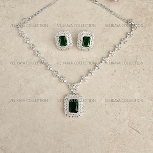 Green Pendant Necklace & Earrings CZ Diamond Necklace Set Statement Necklace Set Pakistani Jewelry Indian Wedding Jewelry Bollywood Jewelry