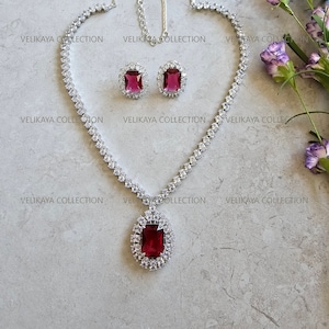 Ruby Red Two Layer Diamond Look Cz Necklace and Earrings Set Ruby Red Two Layer Diamond Look Cz Necklace and Earrings Set