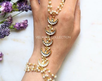 Gold Plated Kundan and Pearls Hathphool / Gold Tone Polki Hathphool with pearl chains / Indian Hand Harness / Indian Jewelry / Party wear