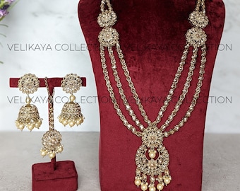 Long Polki necklace Jhumka Tikka / Indian jewelry / Long Ranihaar / Pakistani Jewelry / Indian Bridal Jewelry / Wedding Necklace Set