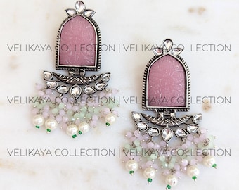 Oxidized Silver Earrings / Carved stone earring/ Indian Earrings/ Pakistani earring/ Indian Jewelry/ German Silver Earring/ Afghani earrings