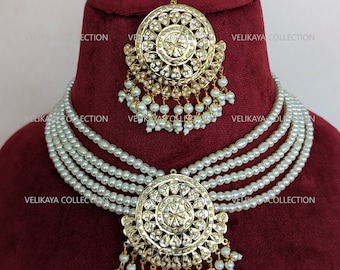 Pearl Jadau Necklace Earrings Tikka, Punjabi Pippal Patti Jewellery, Hyderabadi Jadau Jewelry, Indian wedding, Pakistani wedding jewellery